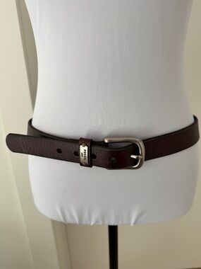 FOSSIL Brown Leather Belt Silver Buckle Logo Plate Western Casual
